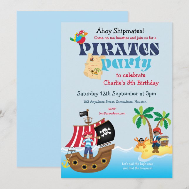 Cute Pirate Shipmates Boys Birthday Party Invitation (Front/Back)