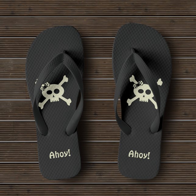 Cute Pirate Skull and Crossbones Custom Ahoy Black Flip Flops (☠️Ahoy! Set sail for adventure in these cute pirate flip flops ☠️)