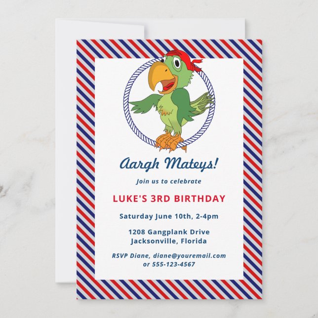 Cute Pirate Theme Birthday Party Invite (Front)