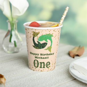 Cute Pisces First Birthday & Gold Confetti Paper Cups