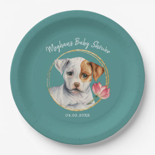 Cute Pit Bull Dog Baby Shower Teal Paper Plate