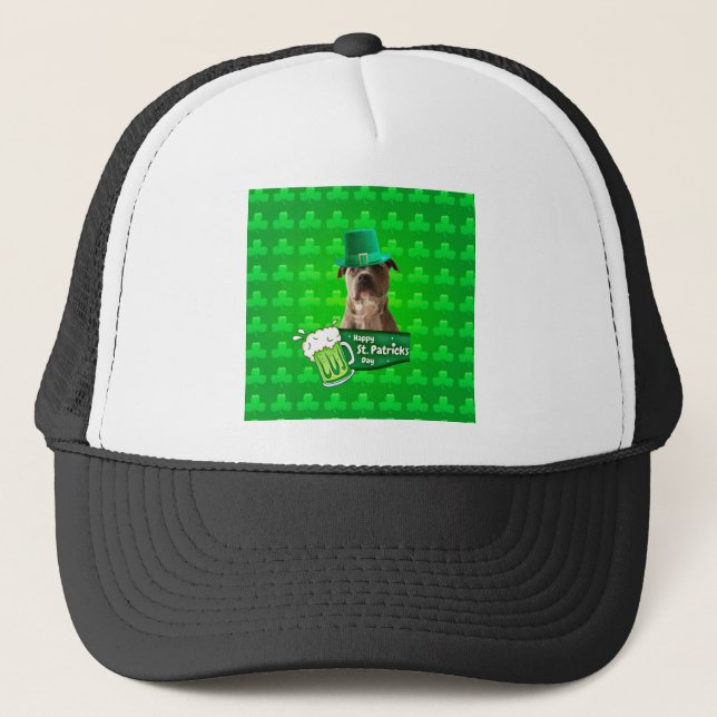 Cute Pit Bull Dog Hat St. Patrick's Day w Clovers (Front)