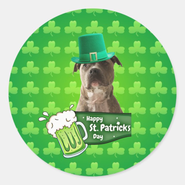 Cute Pit Bull Dog Hat St. Patrick's Day w Clovers Classic Round Sticker (Front)