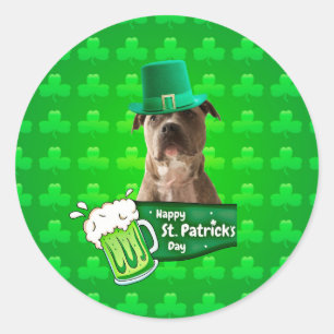 Cute Pit Bull Dog Hat St. Patrick's Day w Clovers Classic Round Sticker