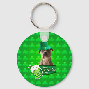 Cute Pit Bull Dog Hat St. Patrick's Day w Clovers Keychain