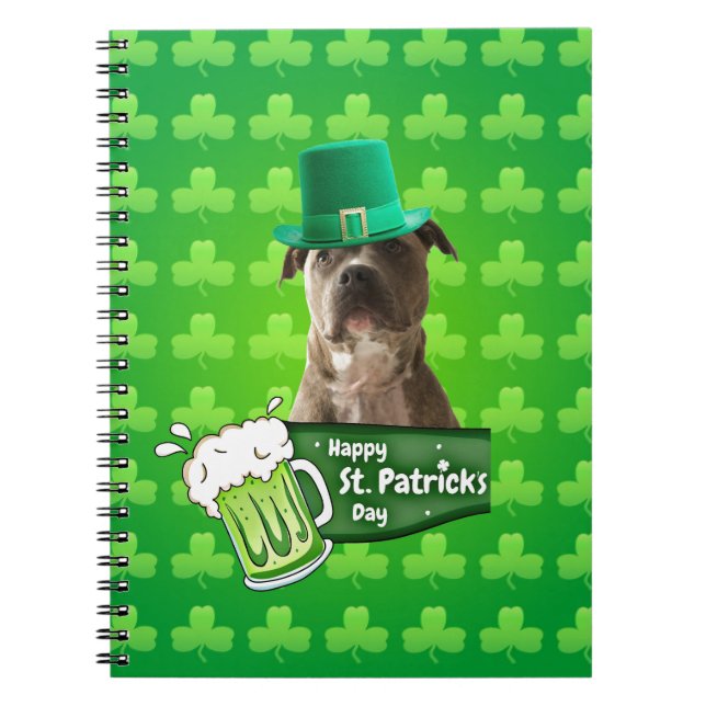 Cute Pit Bull Dog Hat St. Patrick's Day w Clovers Notebook (Front)