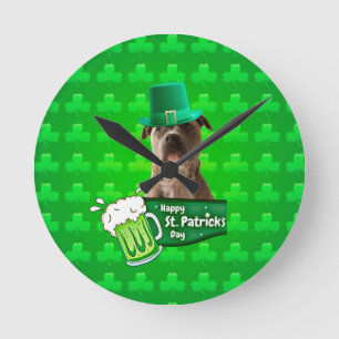 Cute Pit Bull Dog Hat St. Patrick's Day w Clovers Round Clock