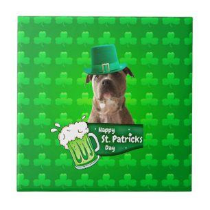 Cute Pit Bull Dog Hat St. Patrick's Day w Clovers Tile
