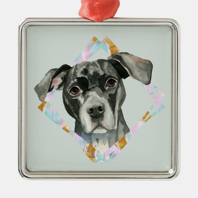 Cute Pit Bull Dog Watercolor Christmas Metal Ornament (Front)