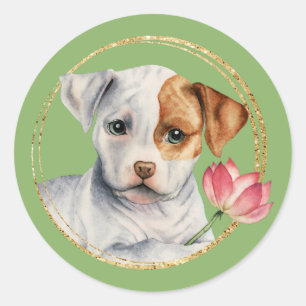 Cute Pit Bull Puppy with Spring Flower Classic Round Sticker