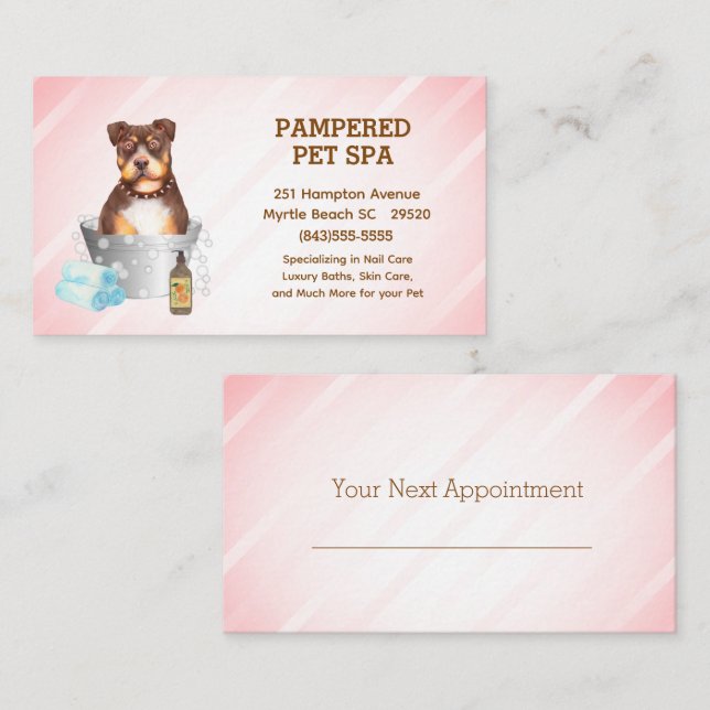 Cute Pit Bull Terrier Pet Groomer Spa Appointment Business Card (Front/Back)