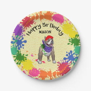 Cute Pitbull Dog Fun Paint Splash Art Party    Paper Plate