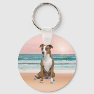 Cute Pitbull Dog Sitting on Beach with sunset Keychain