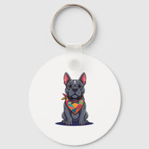 Cute Pitbull Frenchie Dog with Bandana Art Keychain