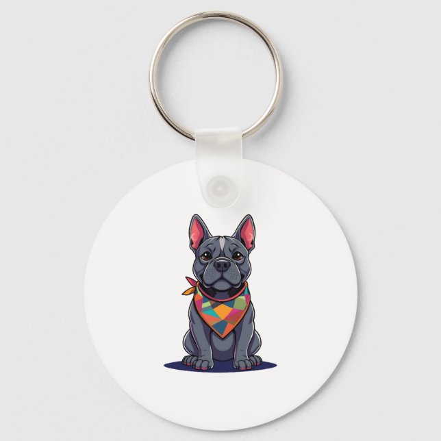 Cute Pitbull Frenchie Dog with Bandana Art Keychain (Front)