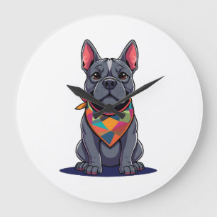 Cute Pitbull Frenchie Dog with Bandana Art Large Clock