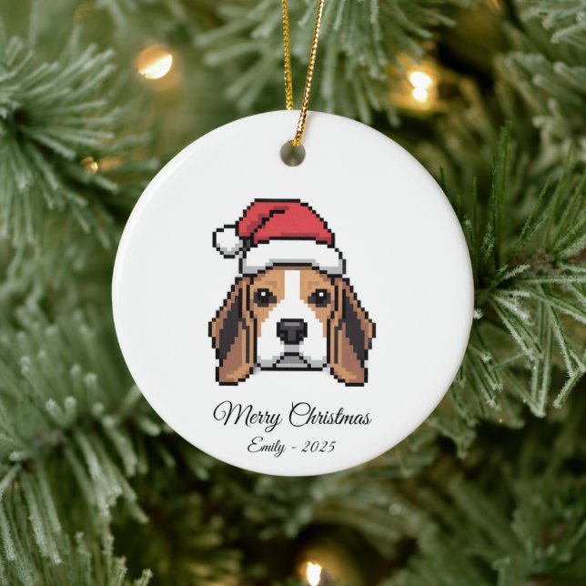 Cute Pixel Art Beagle Dog Santa Hat Christmas Gift Ceramic Ornament (Tree)