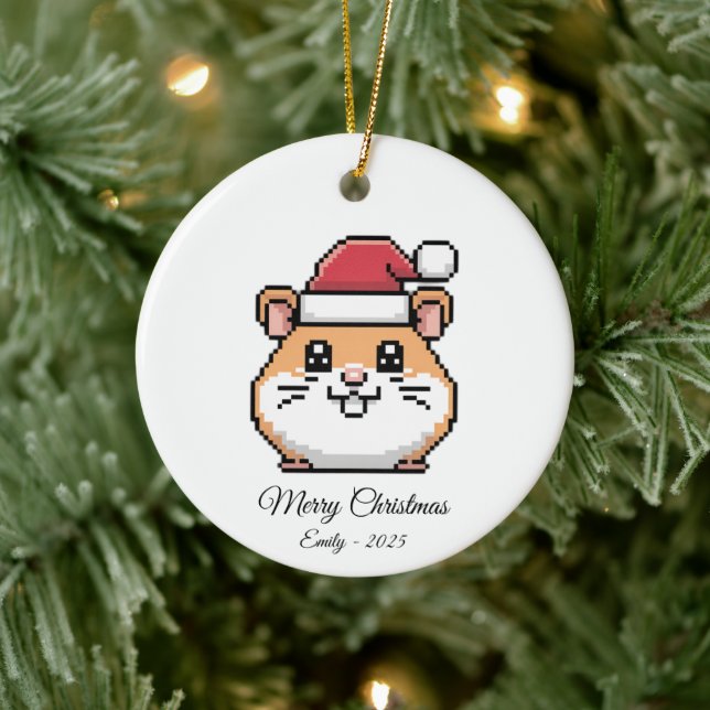 Cute Pixel Art Hamster Santa Hat Christmas Gift Ceramic Ornament (Tree)