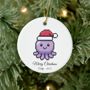 Cute Pixel Art Octopus Santa Hat Christmas Gift Ceramic Ornament