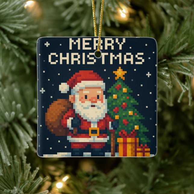 Cute pixel art Santa Claus Ceramic Ornament (Tree)