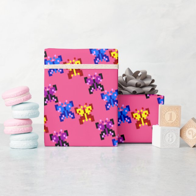 Cute Pixel Butterfly Pattern Hot Pink Background Wrapping Paper (Baby Shower)