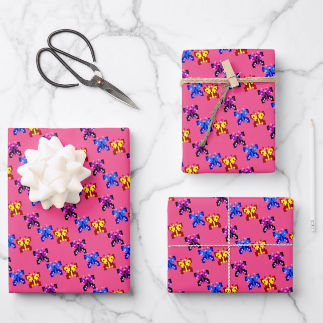 Cute Pixel Butterfly Pattern Hot Pink Background Wrapping Paper Sheet (Front)