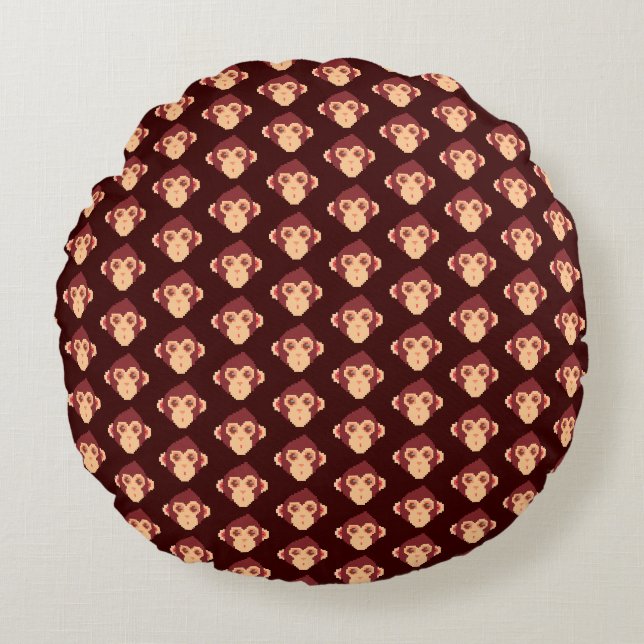 Cute pixeled monkey face round pillow (Front)