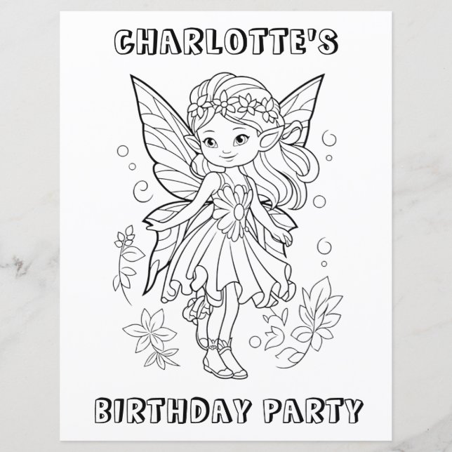 Cute pixie fairy birthday party colouring activity (Front)
