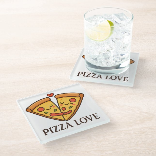 Cute Pizza Love Sticker Glass Coaster (Angled)