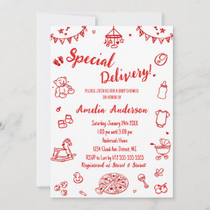 Cute Pizza Special Delivery Doodle Baby Shower Invitation
