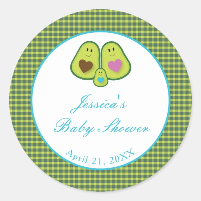 Cute Plaid Avocado Blue Baby Shower Classic Round Sticker (Front)