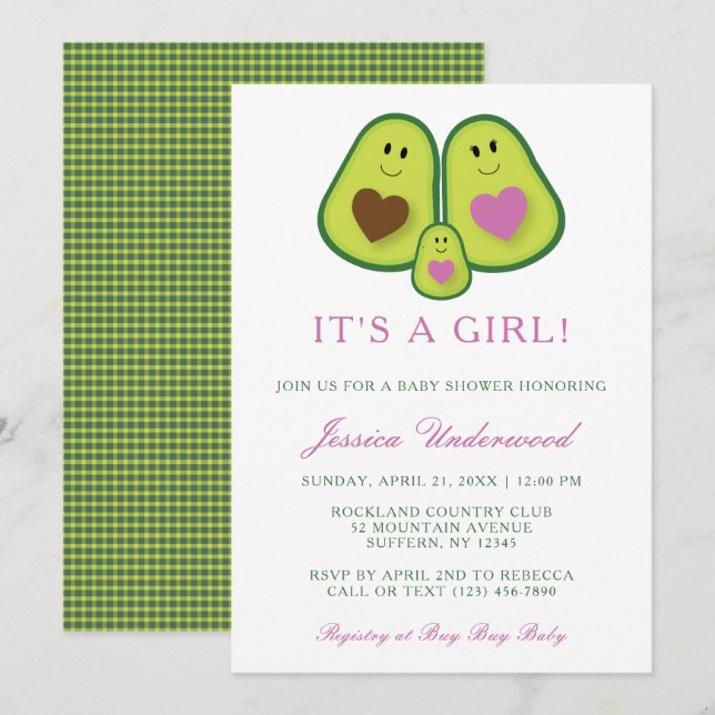 Cute Plaid Avocado Girl Baby Shower Invitation (Front/Back)