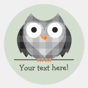 Cute Plaid Grey Horned Owl Illustration Classic Round Sticker