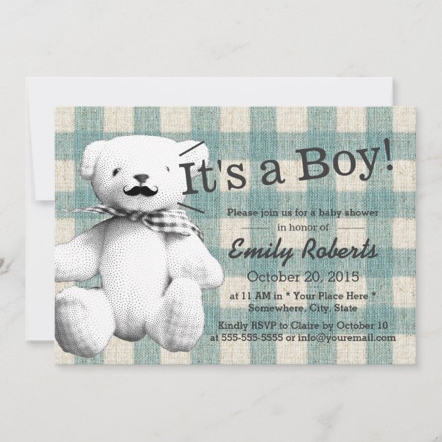 Cute Plaid Moustache Bear Baby Shower Invitation (Front)