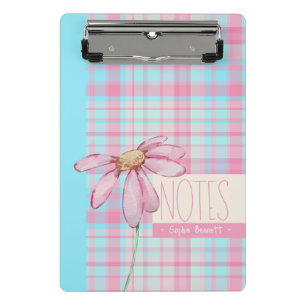 Cute plaid  pastel pink Daisy Notes Notebook  Mini Clipboard
