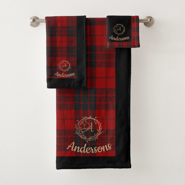 Cute Plaid Pattern Family Name Monogram Christmas Bath Towel Set (Insitu)