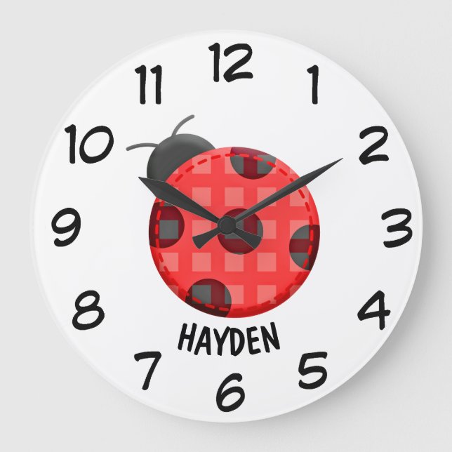 Cute Plaid Red Ladybug Personalised Kids Large Clock (Front)