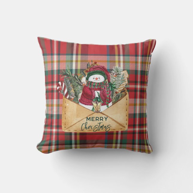 Cute Plaid Rustic Script Christmas Custom Family Throw Pillow (Front)