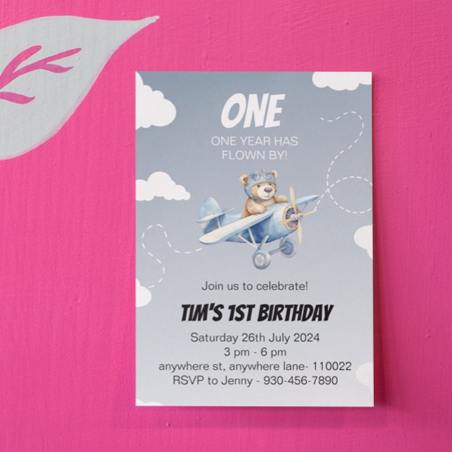 Cute Plane Bear Pilot 1st Birthday Invitation  (cute airplane 1st birthday card)