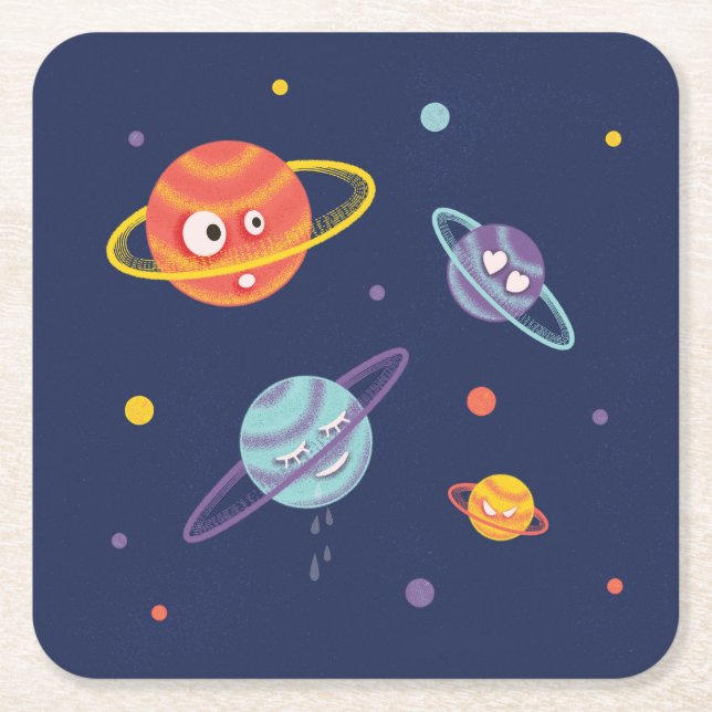 Cute Planets Cartoon Space Kids Square Paper Coaster (Front)