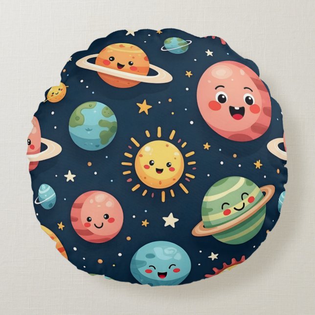 Cute Planets Kawaii Space Round Pillow (Front)