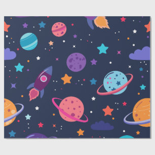 Cute Planets Rocket Stars Kids Birthday Wrapping Paper