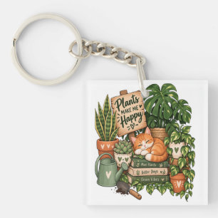 Cute Plant Lover Cat – Plants Make Me Happy Keychain