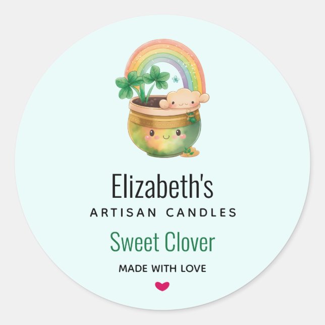Cute Planter with Rainbow & Clover Candle Business Classic Round Sticker (Front)