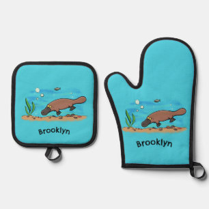 Cute platypus swimming cartoon oven mitt & pot holder set