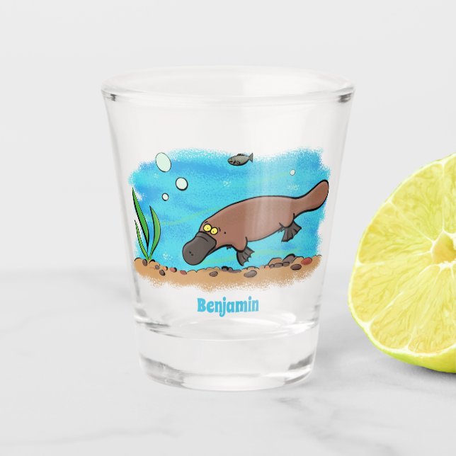 Cute platypus swimming cartoon  shot glass (Front)