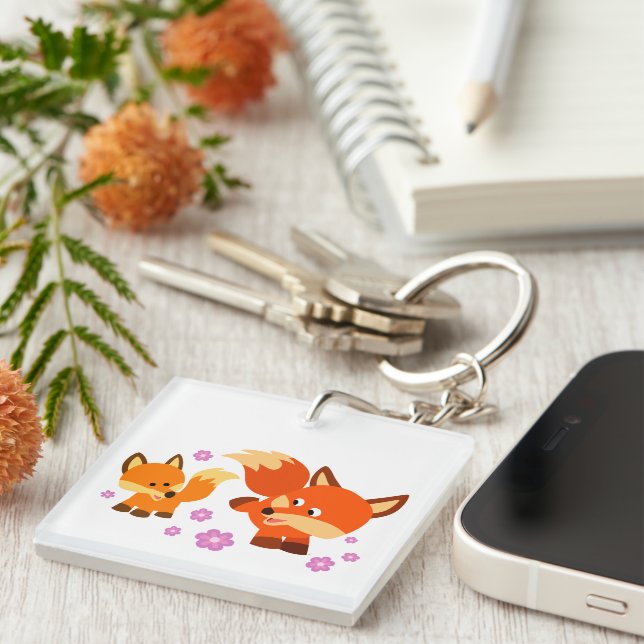 Cute Playful Cartoon Foxes Acrylic Keychain (Front Right)