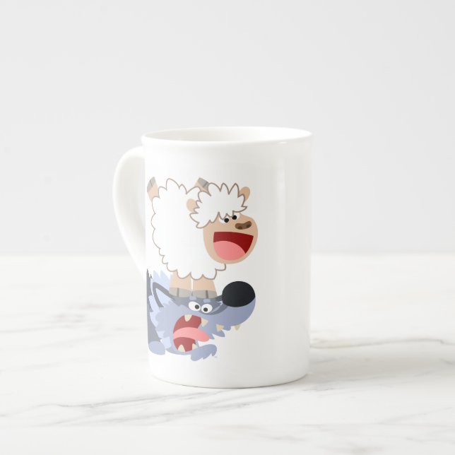 Cute Playful Cartoon Sheep and Wolf Bone China Mug (Front Left)