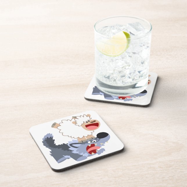 Cute Playful Cartoon Sheep and Wolf Coasters Set (Right Side)
