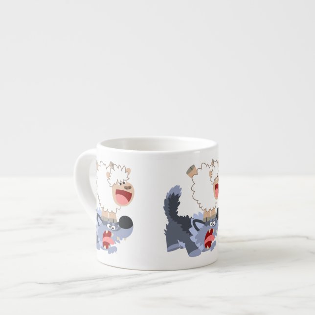 Cute Playful Cartoon Sheep and Wolf Espresso Mug (Front Left)